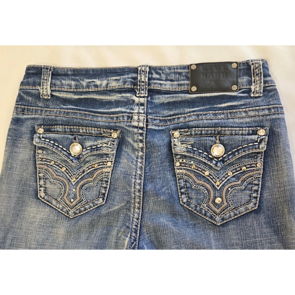 Live Hard Women's Distressed Jeans Flap back pockets size 8 All pockets jewelled